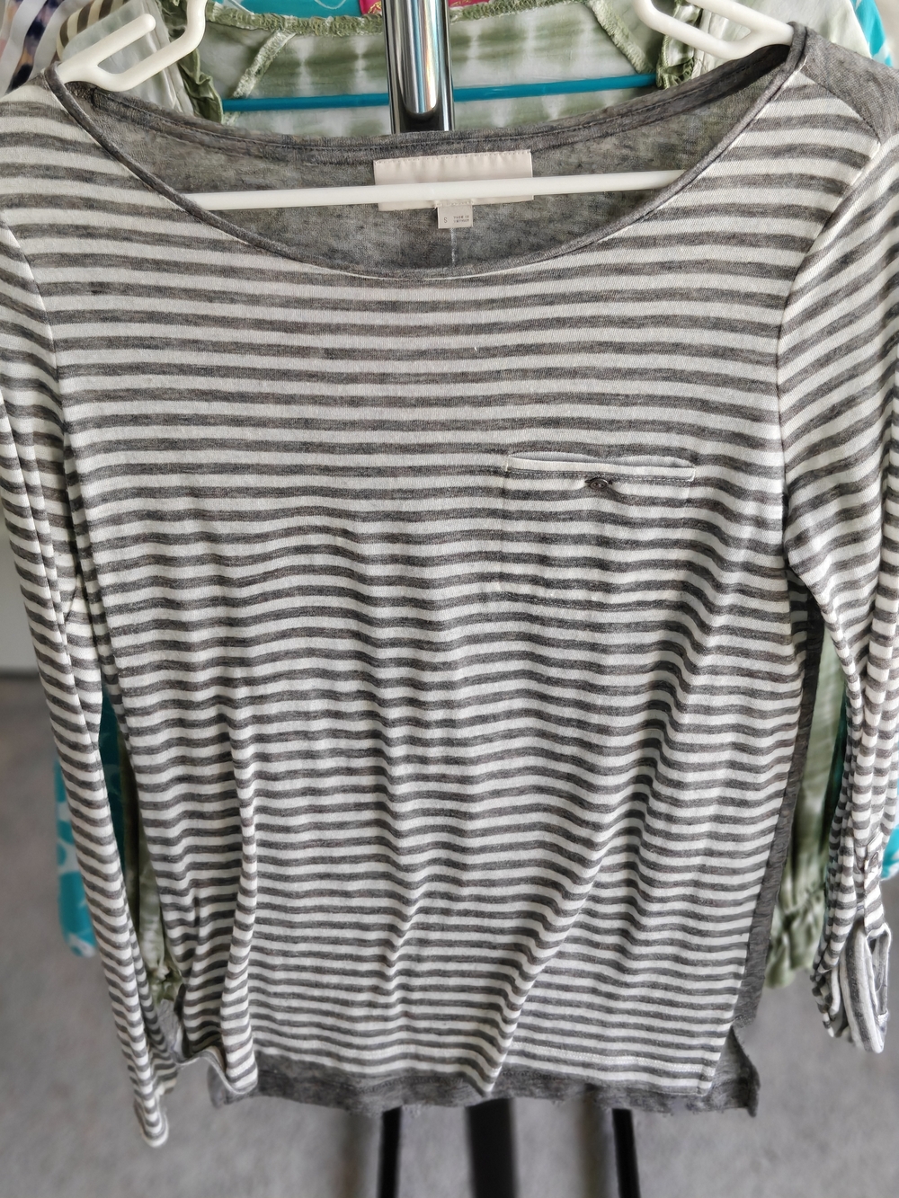 LOFT Gray and White Striped Long Sleeve Top